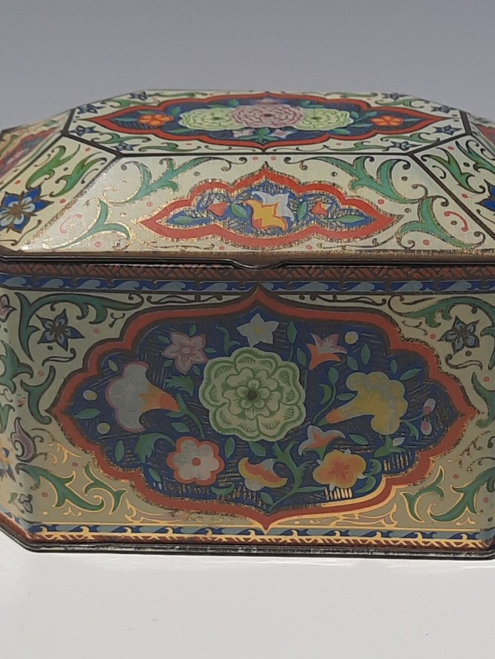 Vintage Metal Box Co England Octagonal Floral Tin Tea Box